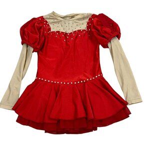 Girls Red Long Sleeve Rhinestone Ice Figure Skating Dress